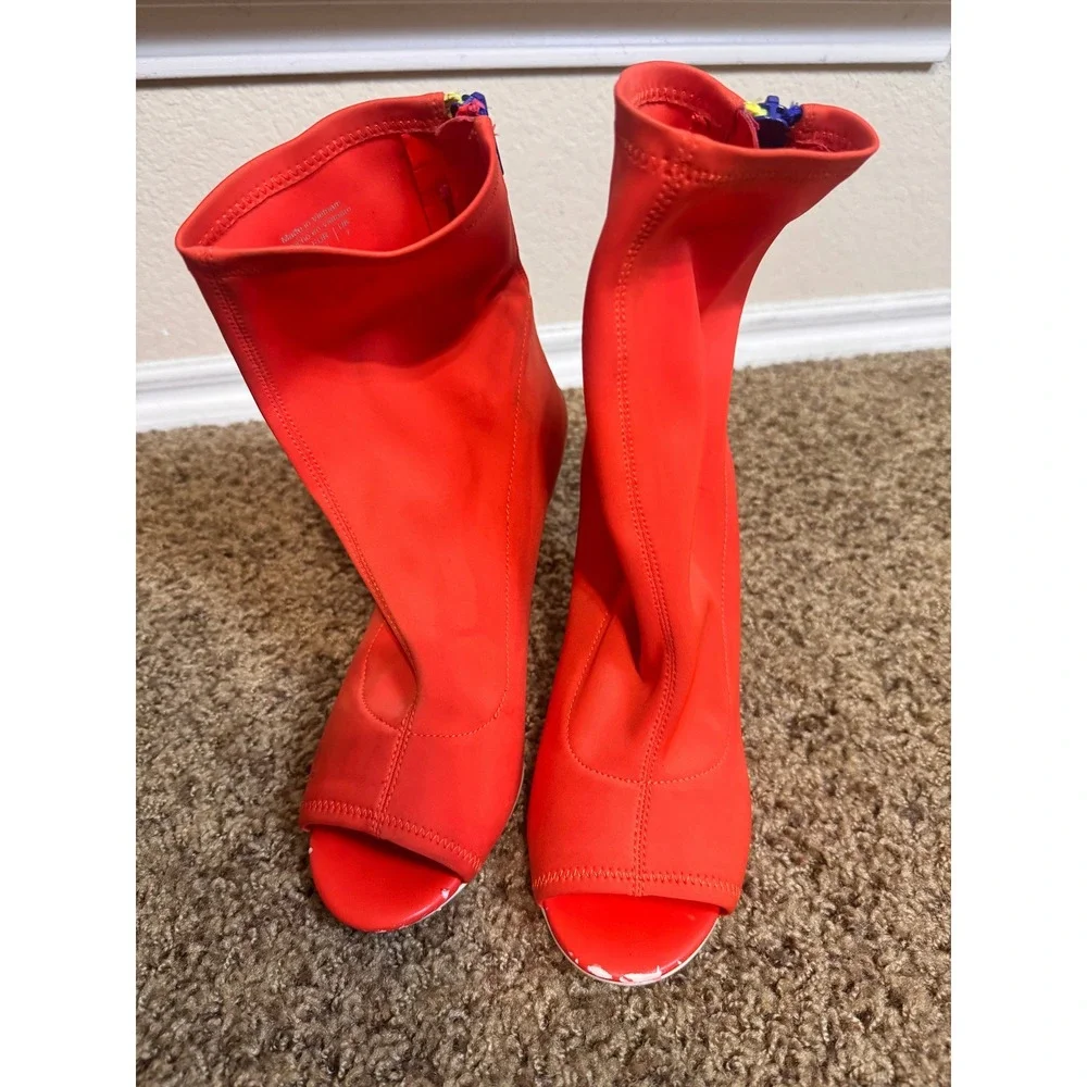 Aldo Neon Orange Sock Boots Peep Toe Stiletto Heel Gogo Retro Zip Womens 9/40